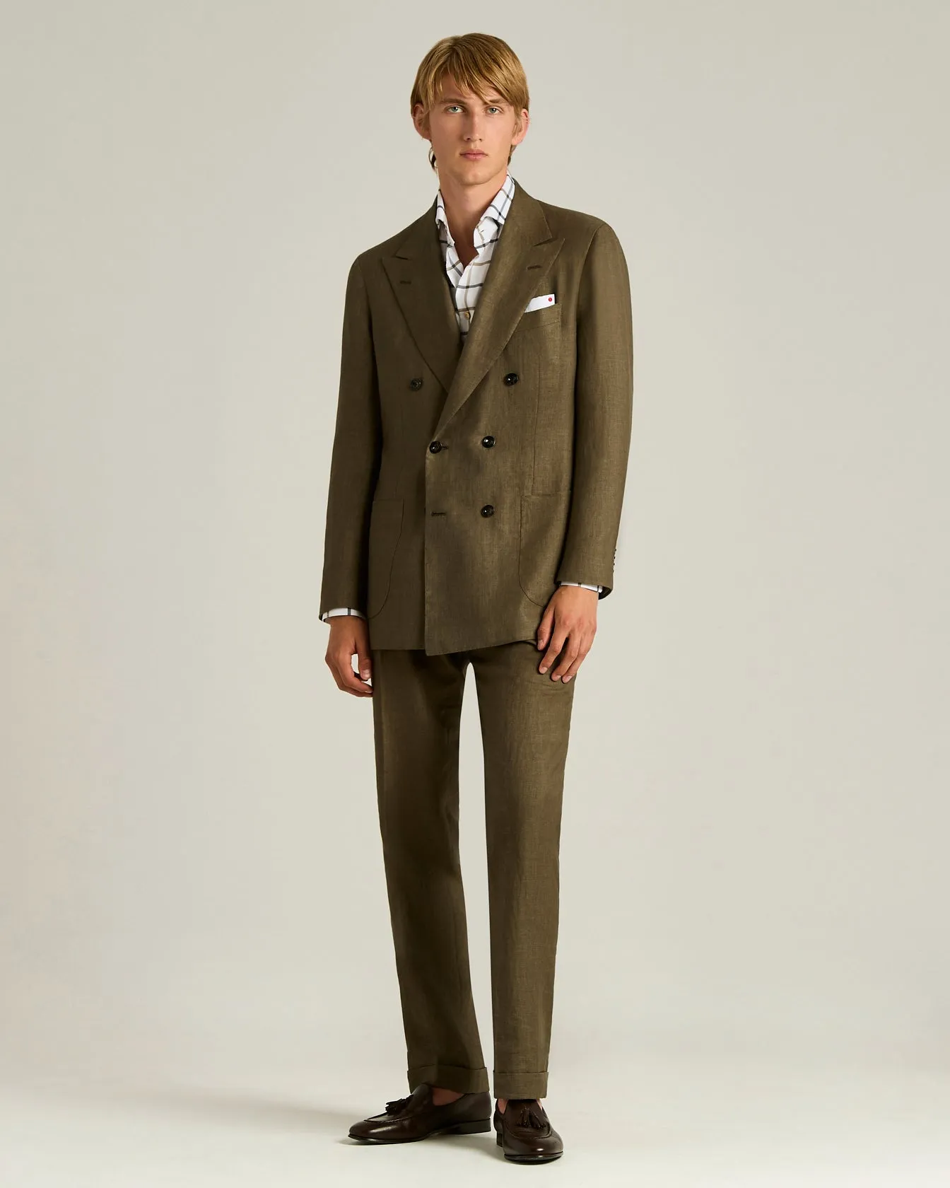 BROWN LINEN, WOOL AND SILK BLEND DOUBLE-BREASTED SUIT sold by Kiton product image thumbnail 2