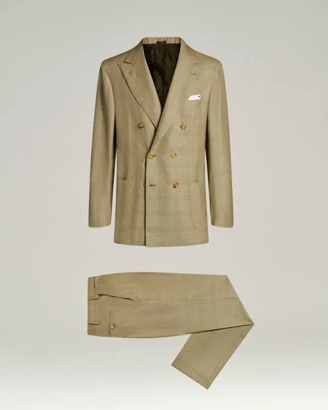 BROWN WOOL, SILK AND LINEN BLEND DOUBLE-BREASTED SUIT sold by Kiton