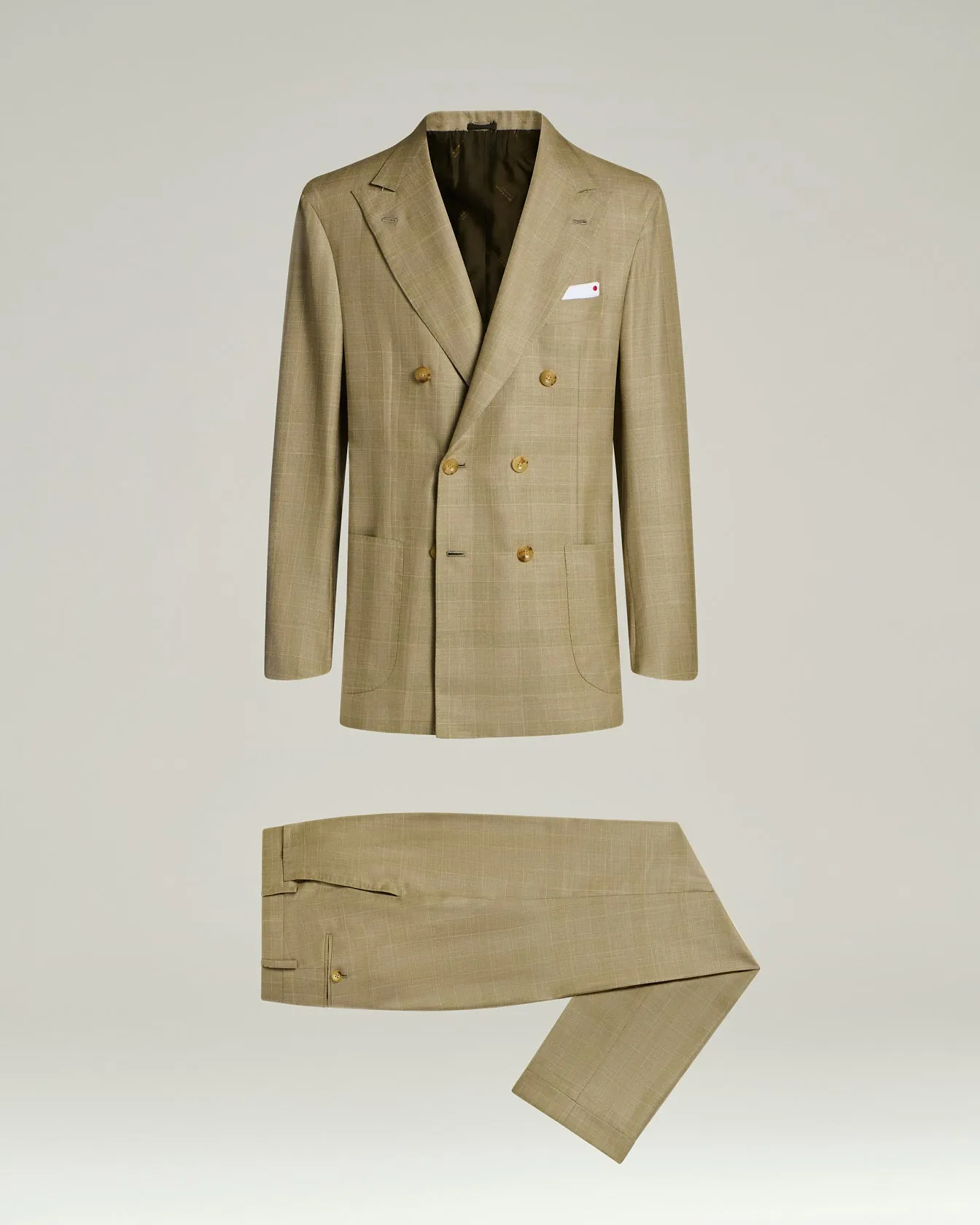 BROWN WOOL, SILK AND LINEN BLEND DOUBLE-BREASTED SUIT sold by Kiton