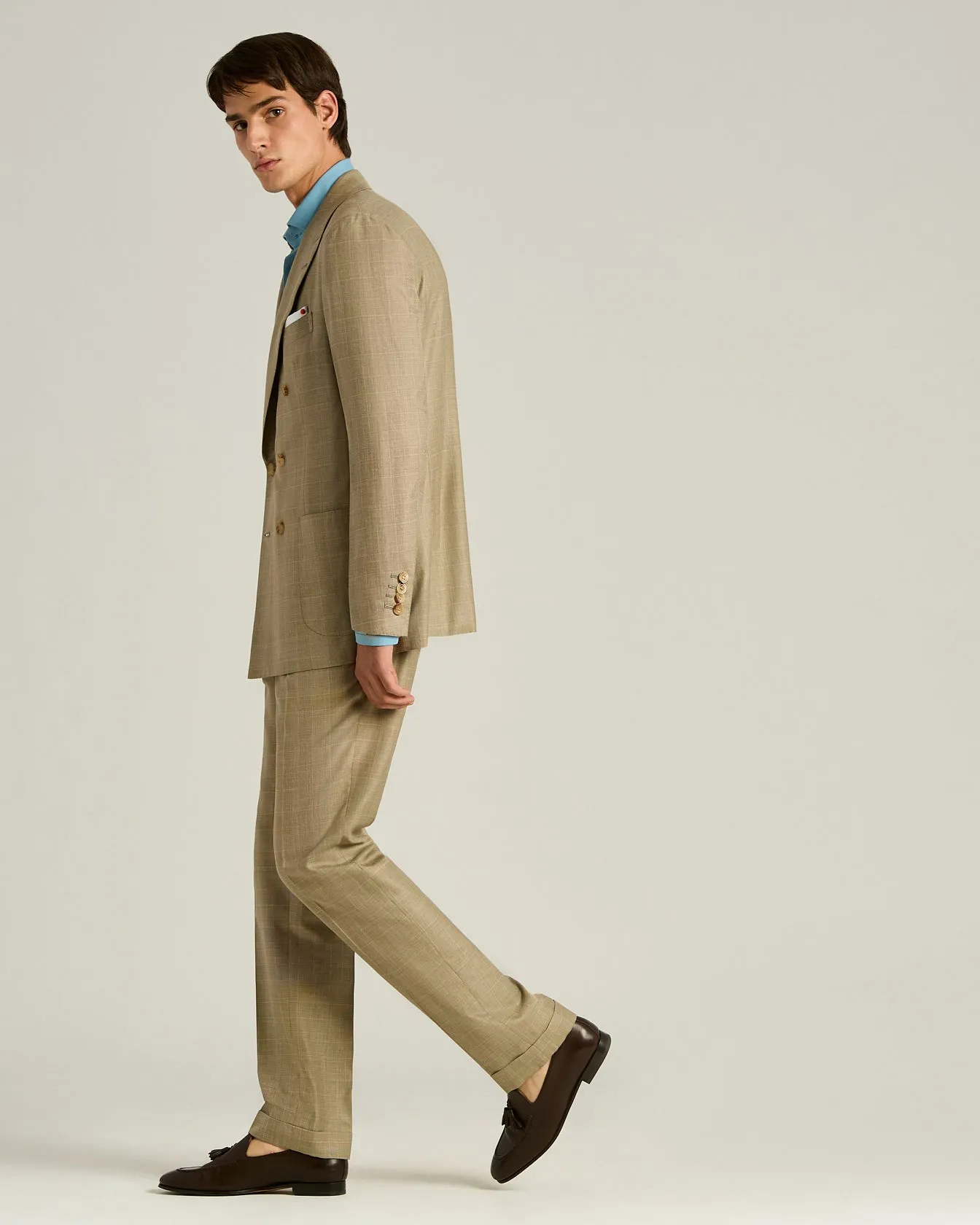 BROWN WOOL, SILK AND LINEN BLEND DOUBLE-BREASTED SUIT sold by Kiton product image thumbnail 5