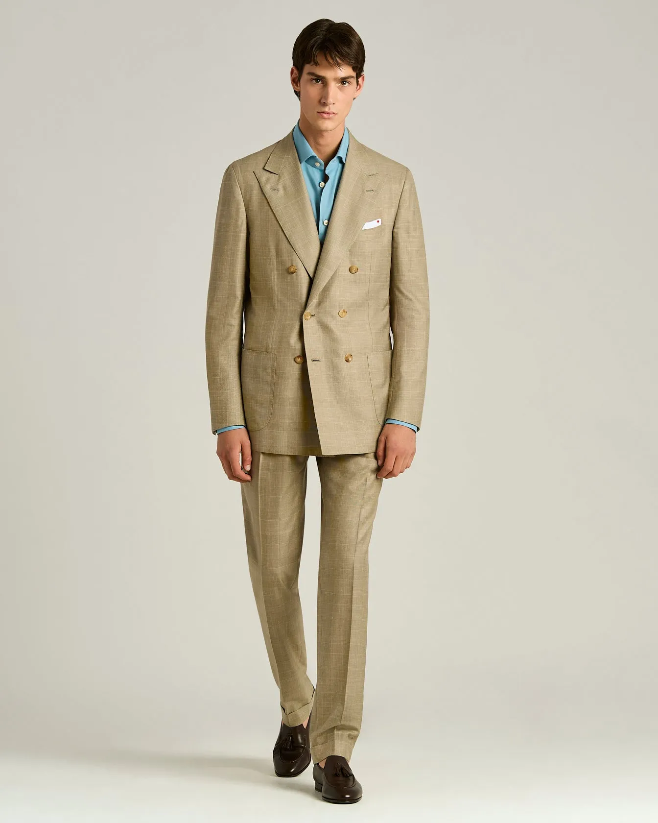 BROWN WOOL, SILK AND LINEN BLEND DOUBLE-BREASTED SUIT sold by Kiton product image thumbnail 2
