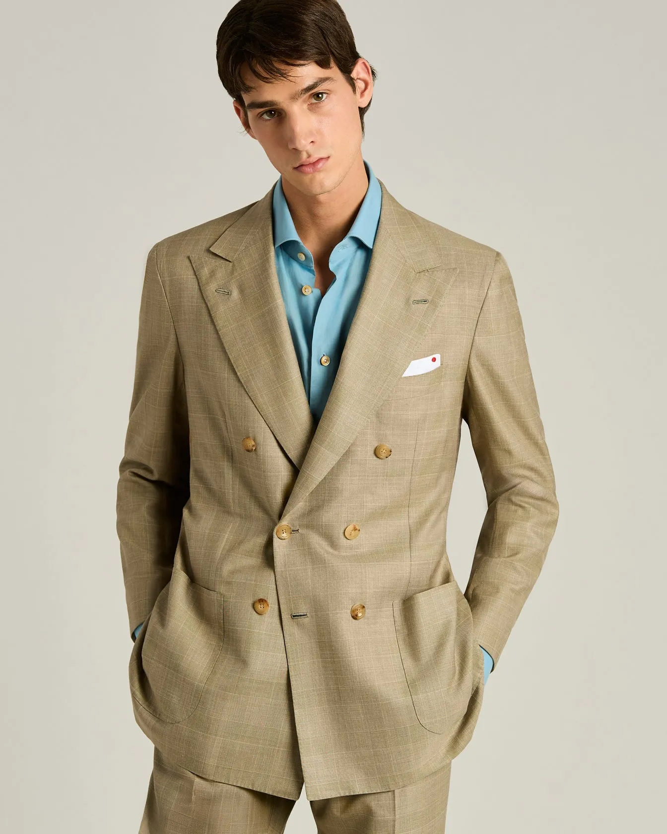 BROWN WOOL, SILK AND LINEN BLEND DOUBLE-BREASTED SUIT sold by Kiton product image thumbnail 4