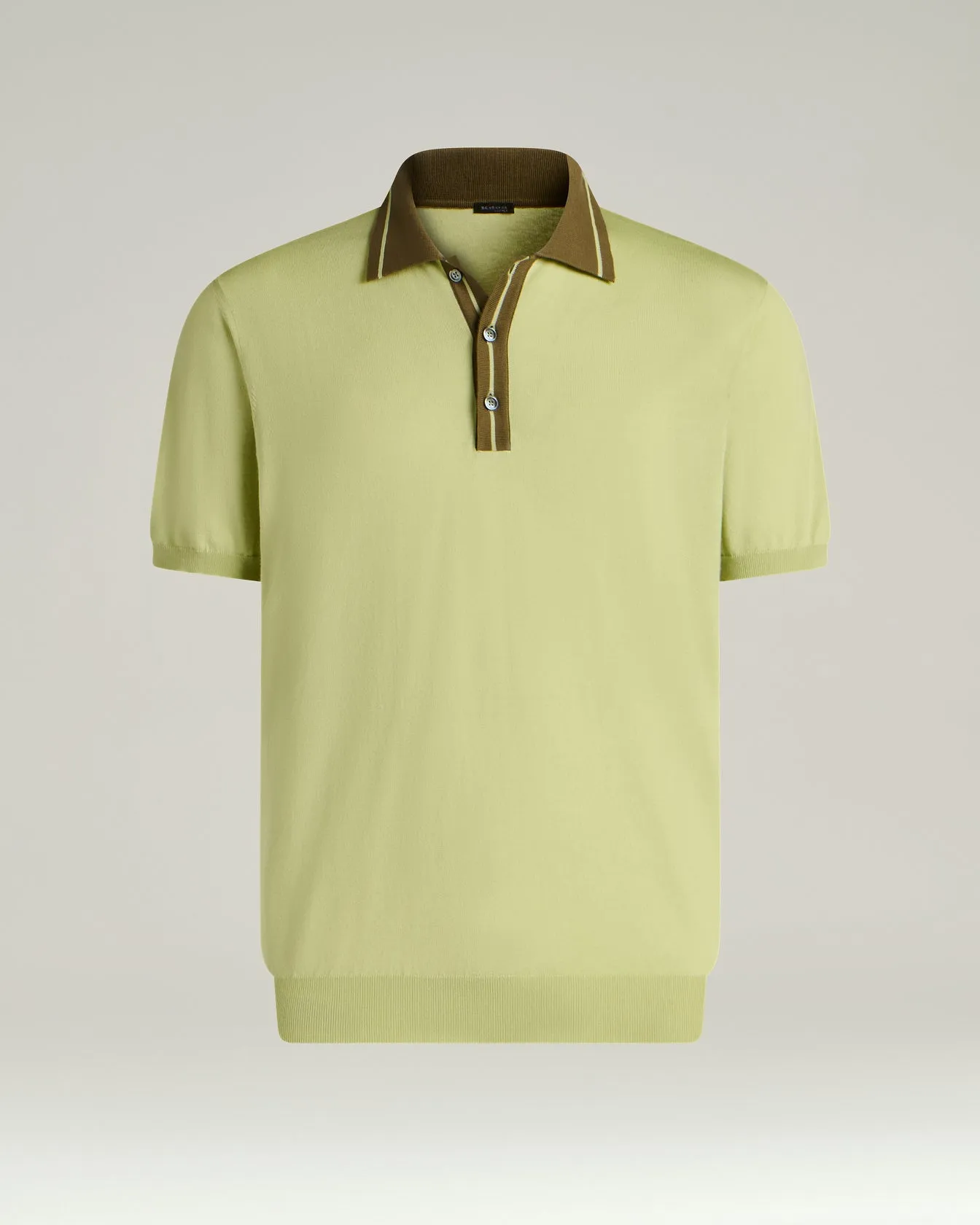 PURE COTTON POLO SHIRT WITH CONTRASTING COLLAR IN PISTACHIO AND MOSS GREEN sold by Kiton