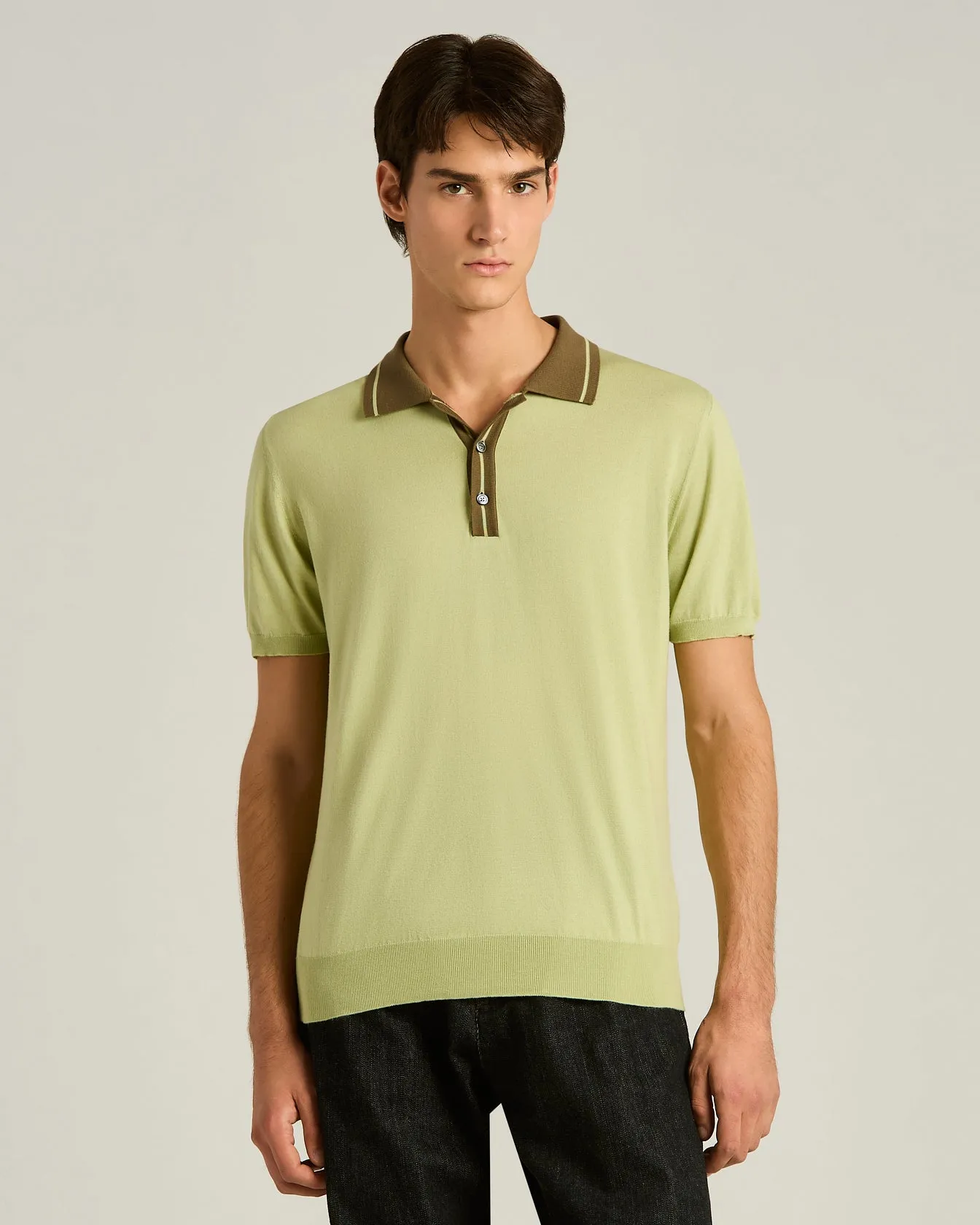PURE COTTON POLO SHIRT WITH CONTRASTING COLLAR IN PISTACHIO AND MOSS GREEN sold by Kiton product image thumbnail 2