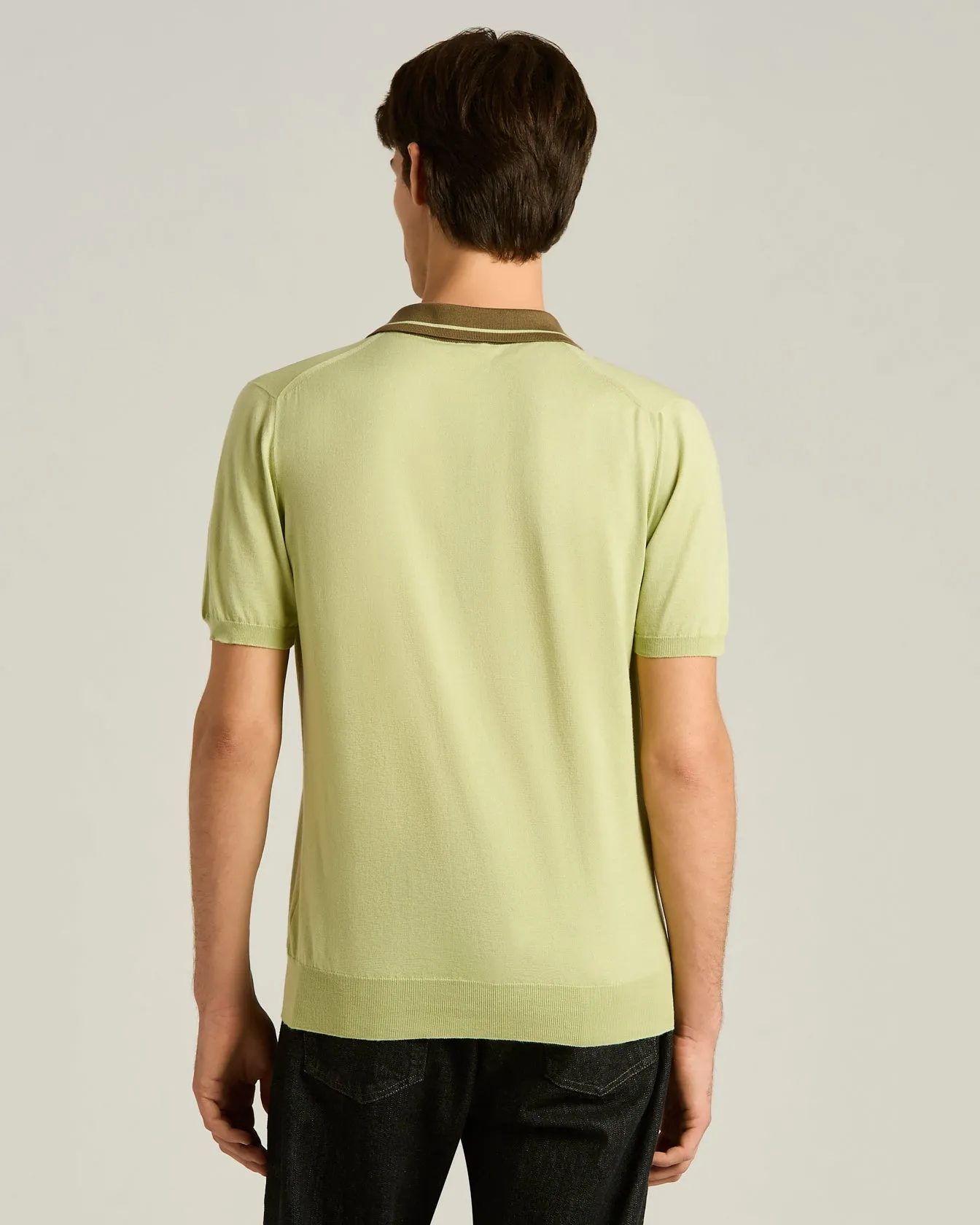 PURE COTTON POLO SHIRT WITH CONTRASTING COLLAR IN PISTACHIO AND MOSS GREEN sold by Kiton product image thumbnail 3