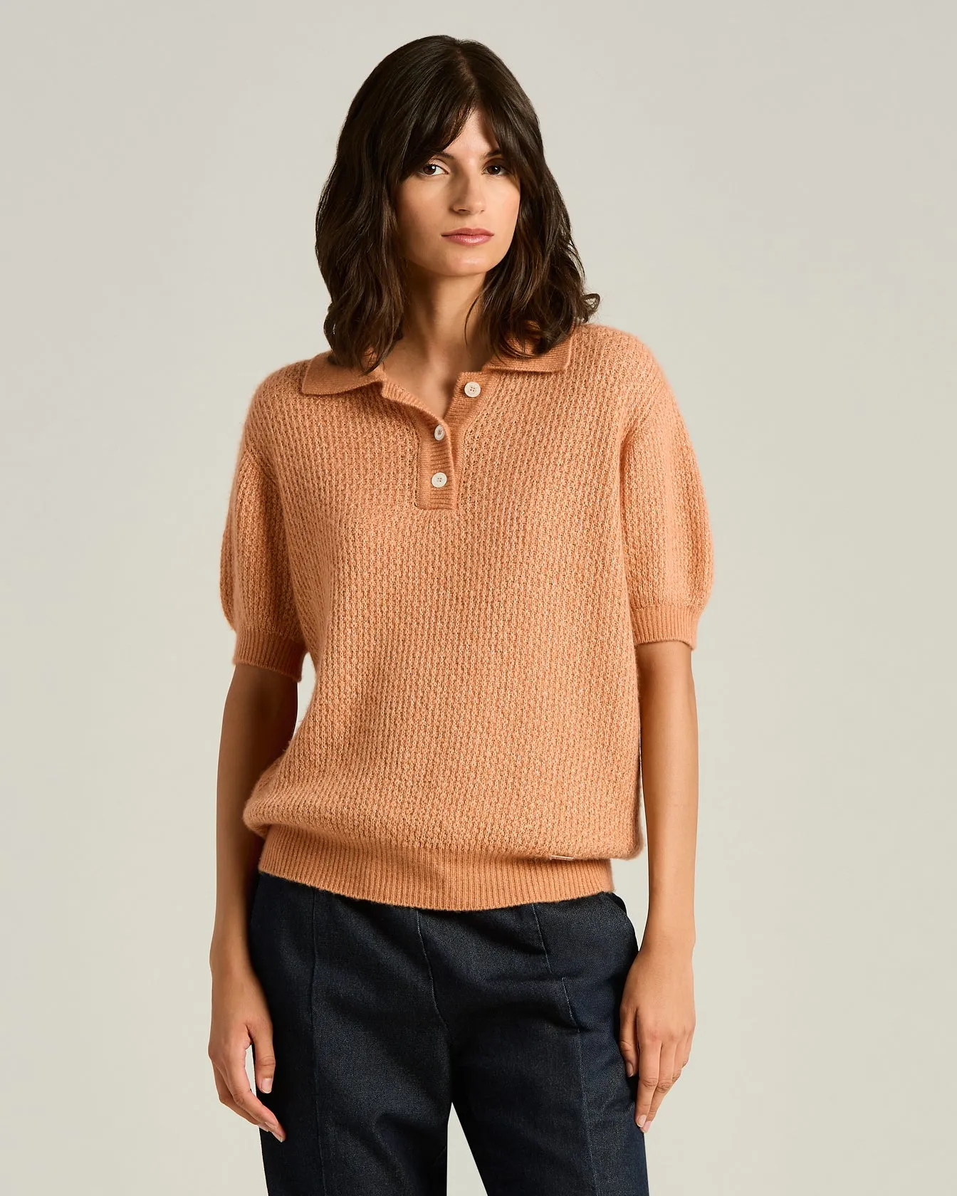 SHORT-SLEEVED CASHMERE AND SILK POLO SHIRT IN PEACH PINK AND WHITE sold by Kiton product image thumbnail 2