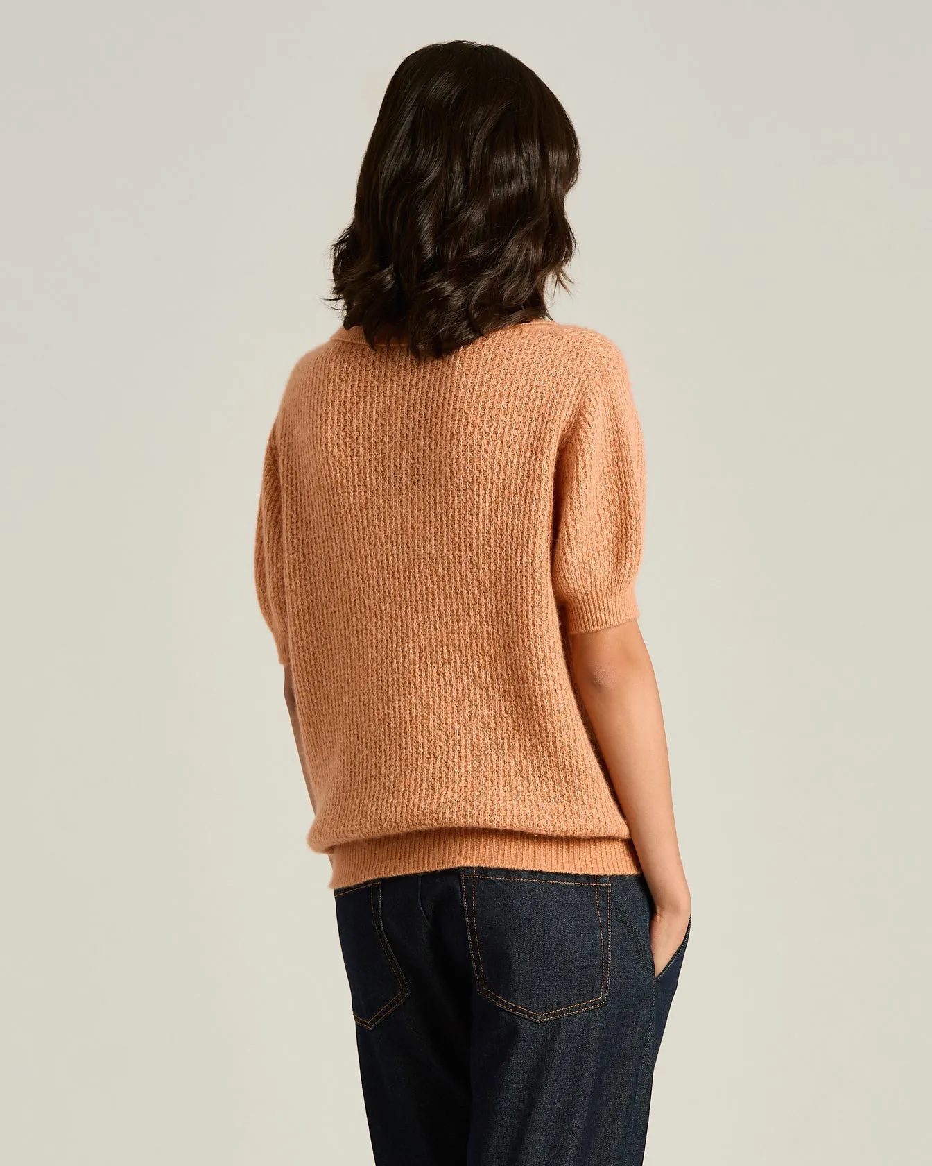 SHORT-SLEEVED CASHMERE AND SILK POLO SHIRT IN PEACH PINK AND WHITE sold by Kiton product image thumbnail 3