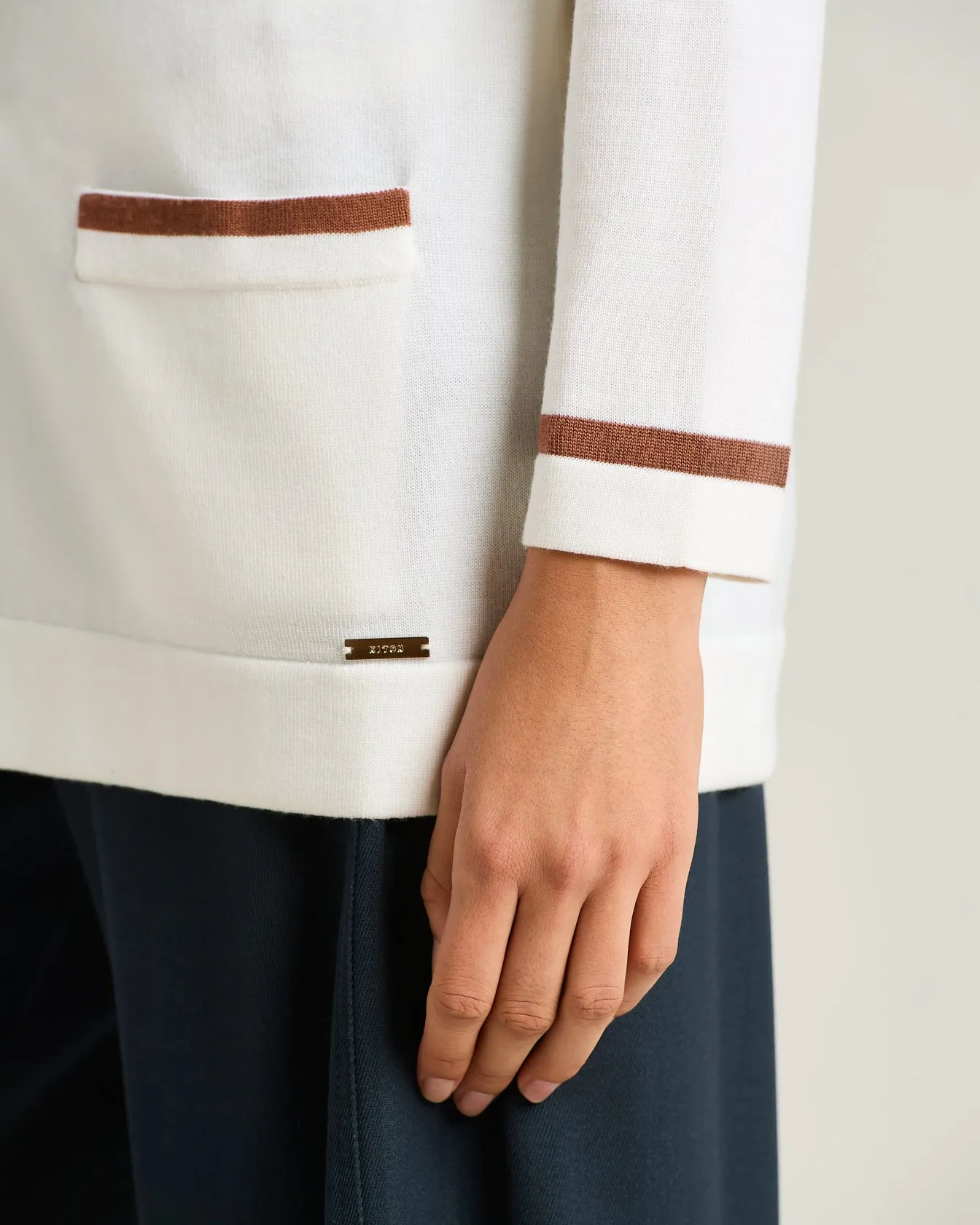 FINE WOOL CARDIGAN WITH CONTRASTING TRIMS IN WHITE HAZELNUT sold by Kiton product image thumbnail 4