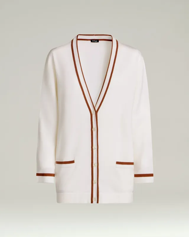 FINE WOOL CARDIGAN WITH CONTRASTING TRIMS IN WHITE HAZELNUT made by Kiton