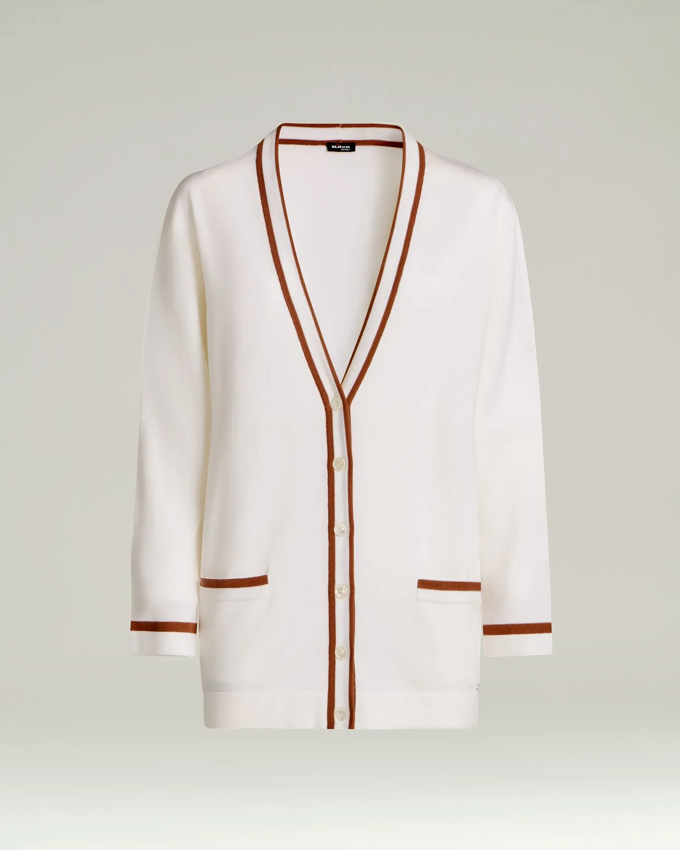 FINE WOOL CARDIGAN WITH CONTRASTING TRIMS IN WHITE HAZELNUT sold by Kiton