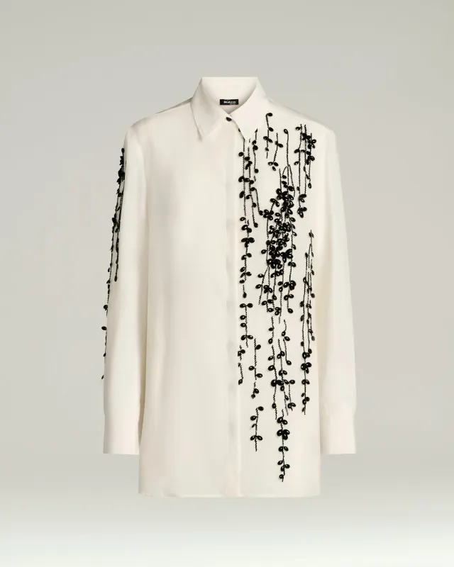 SILK SATIN SHIRT WITH HAND-EMBROIDERED DESIGN IN WHITE made by Kiton