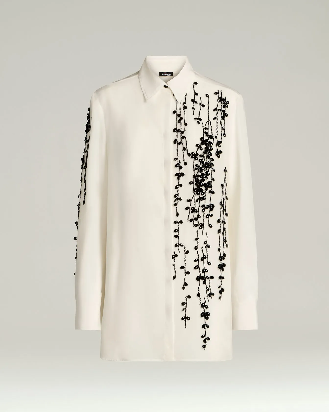 SILK SATIN SHIRT WITH HAND-EMBROIDERED DESIGN IN WHITE sold by Kiton
