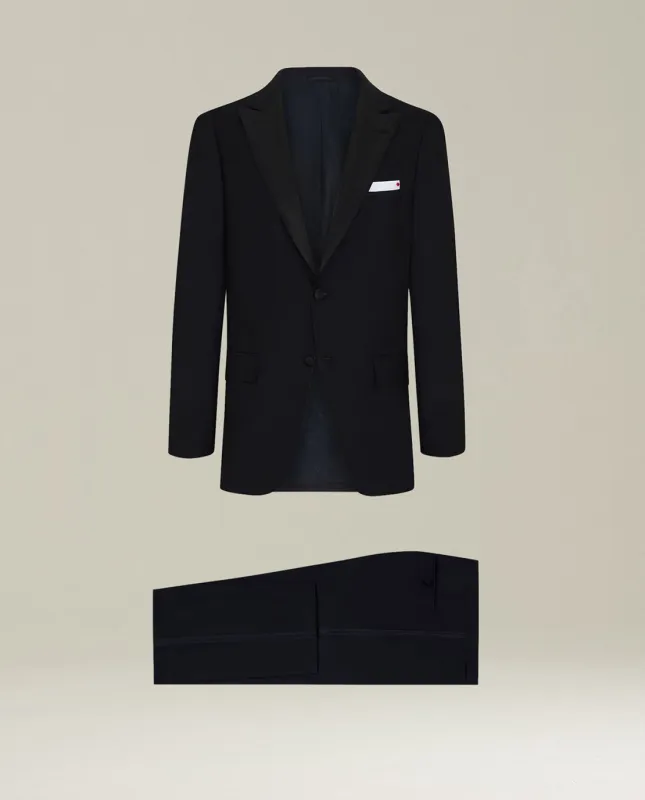 BLACK 14-MICRON WOOL TUXEDO WITH SATIN PEAK LAPELS made by Kiton