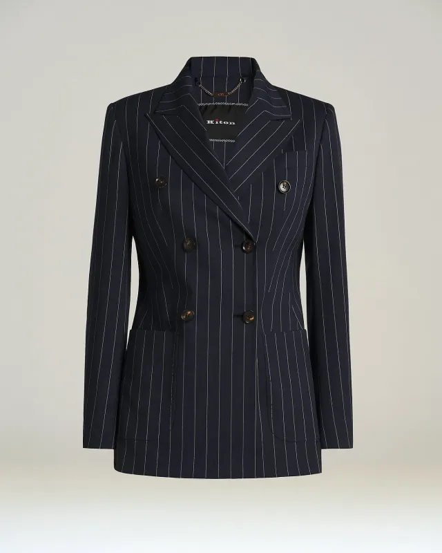 STRETCH WOOL PINSTRIPE DOUBLE-BREASTED JACKET made by Kiton