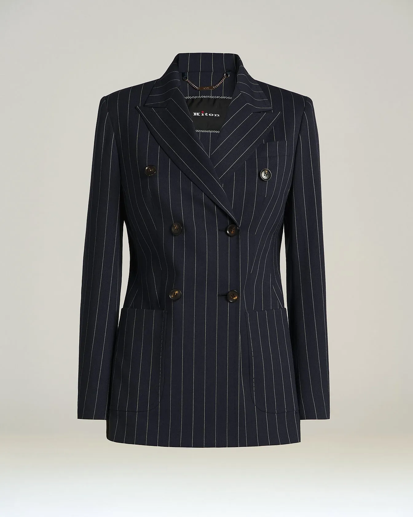 STRETCH WOOL PINSTRIPE DOUBLE-BREASTED JACKET sold by Kiton