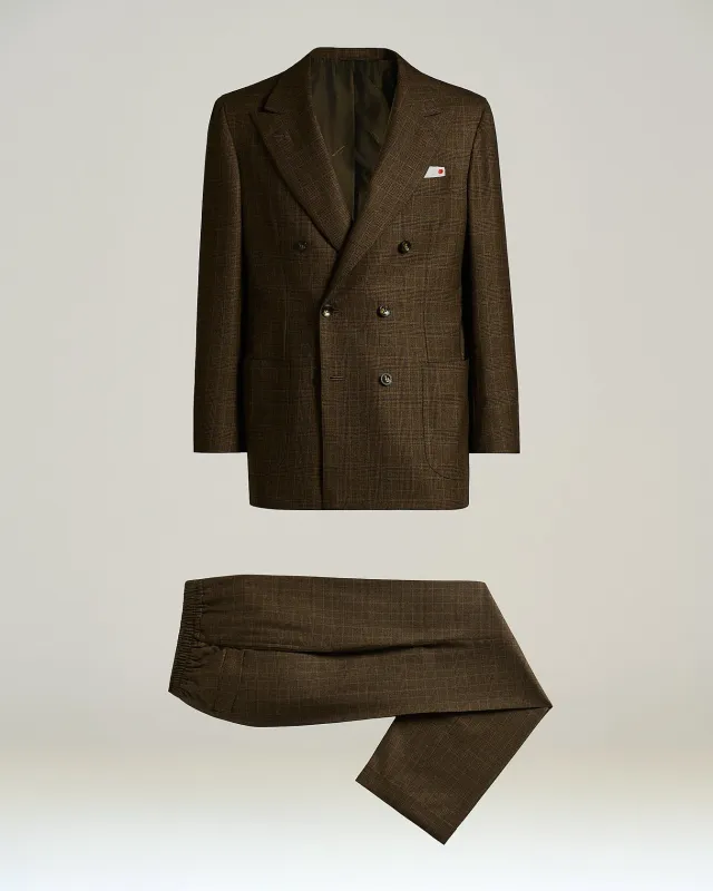BROWN CASHMERE AND WOOL PRINCE OF WALES DOUBLE-BREASTED SUIT made by Kiton