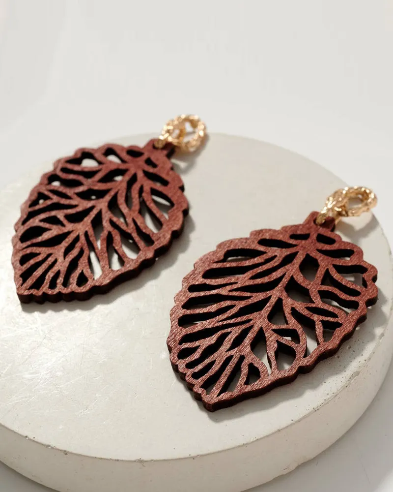 Wooden Leaf Drop Earrings by Avenue Zoe sold by Kiyonna