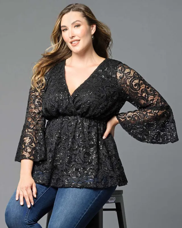 Sequin Sparkle Bell Sleeve Lace Top - Sale! sold by Kiyonna