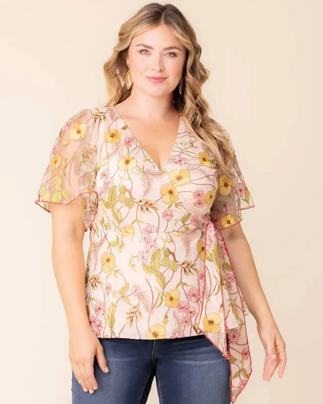 Rosalie Embroidered Wrap Top sold by Kiyonna