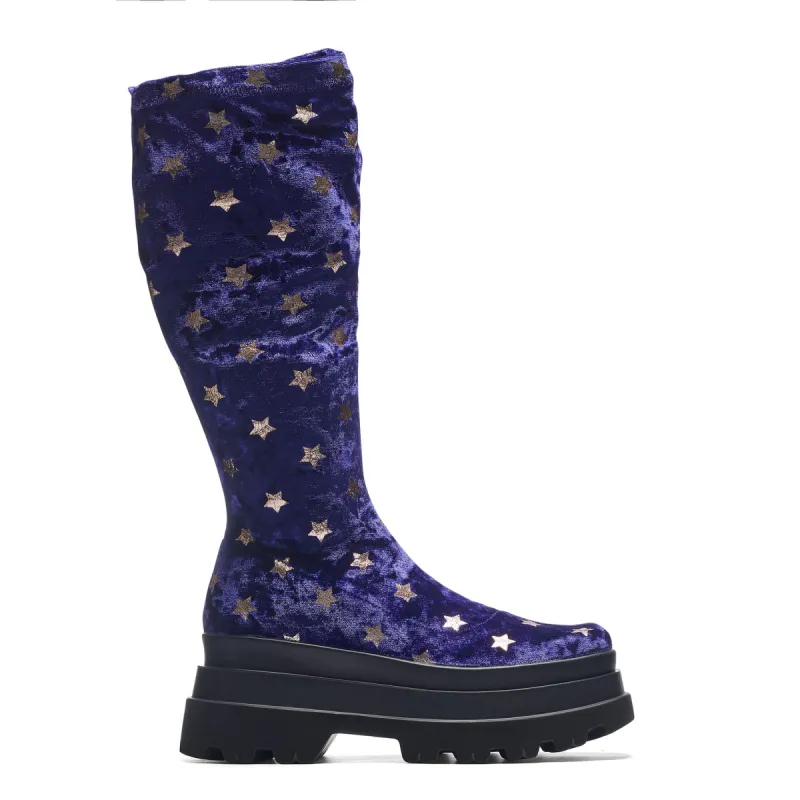 Celestial Dusk Trident Velvet Long Boots - Spellbound Purple sold by Koi Footwear
