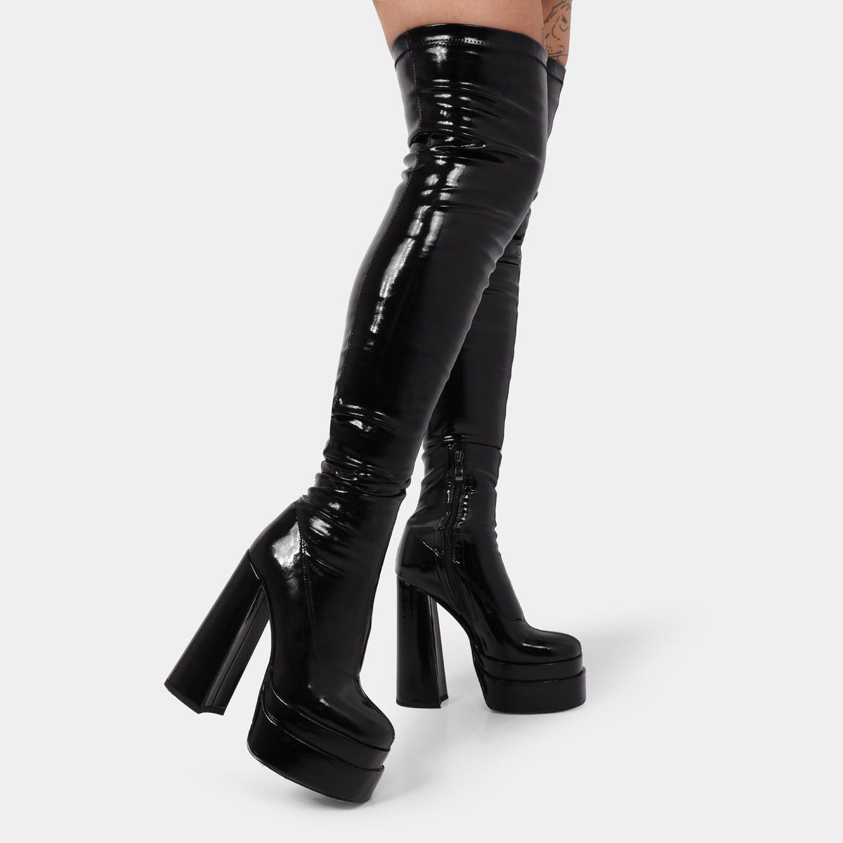 The Redemption Black Patent Stretch Thigh High Boots sold by Koi Footwear product image thumbnail 4
