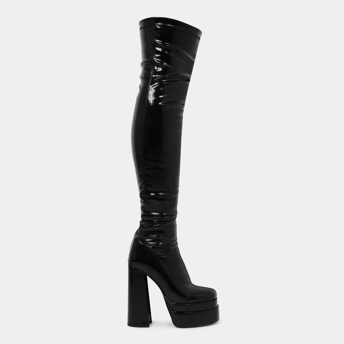 The Redemption Black Patent Stretch Thigh High Boots sold by Koi Footwear product image thumbnail 2