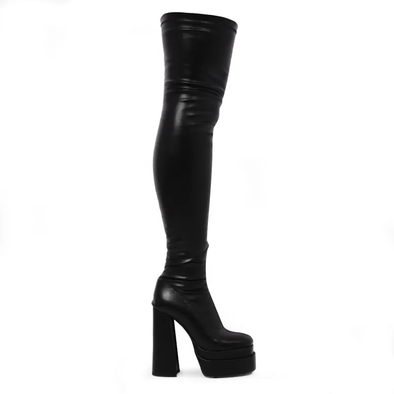 The Redemption Black Stretch Thigh High Boots sold by Koi Footwear