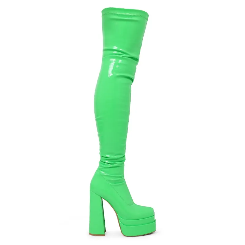 The Redemption Green Stretch Thigh High Boots sold by Koi Footwear