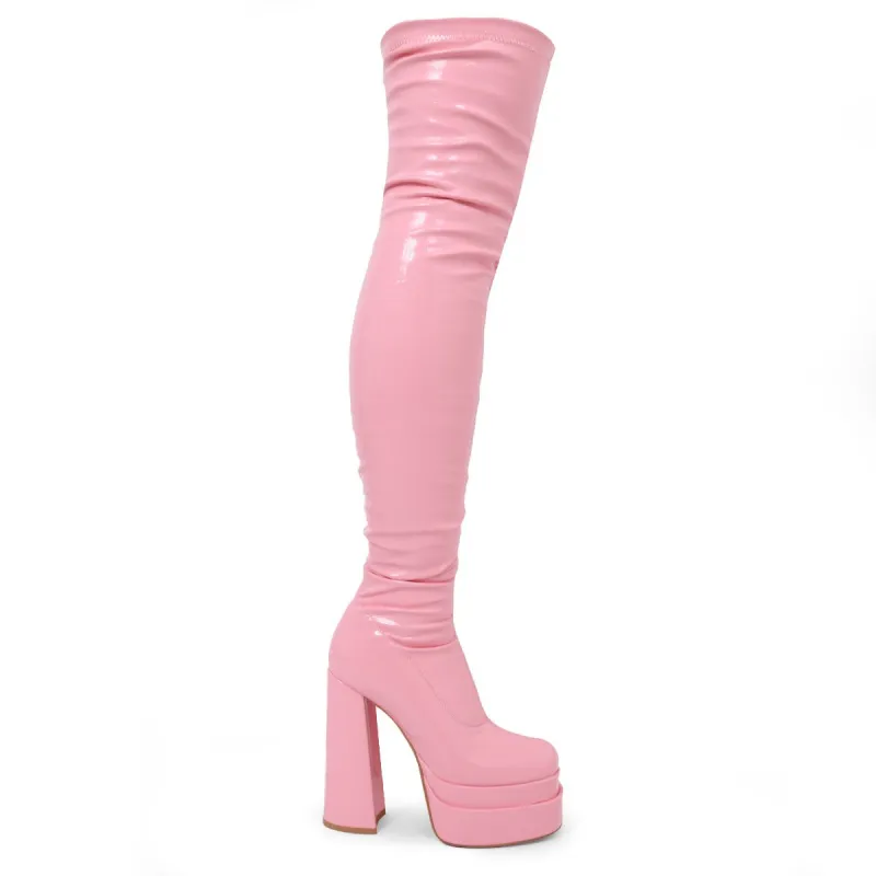 The Redemption Pink Stretch Thigh High Boots sold by Koi Footwear