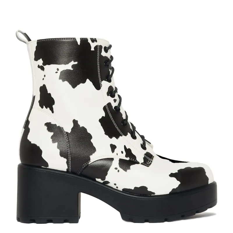DAISY Platform Cow Print Military Boots made by Koi Footwear
