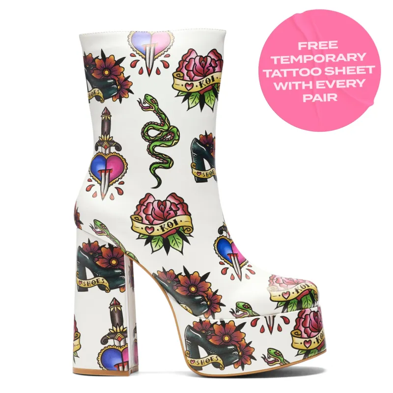 Verdict of a Serpent & Dagger Heeled Boots - White sold by Koi Footwear