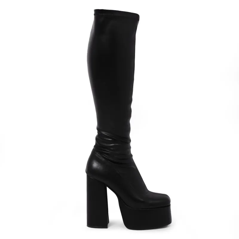 Restless Riser Stretch Black Platform Long Boots sold by Koi Footwear