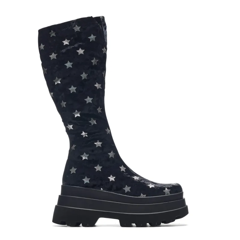 Celestial Dusk Trident Velvet Long Boots - Night Sky sold by Koi Footwear