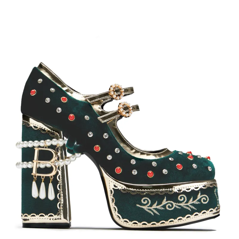 Boleyn’s Revenge Bejewelled Velvet Heels - Green sold by Koi Footwear
