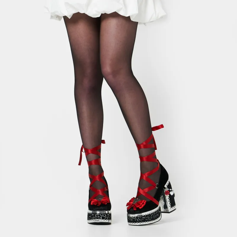 The Cold Ones Midnight Velvet Ornate Heels sold by Koi Footwear