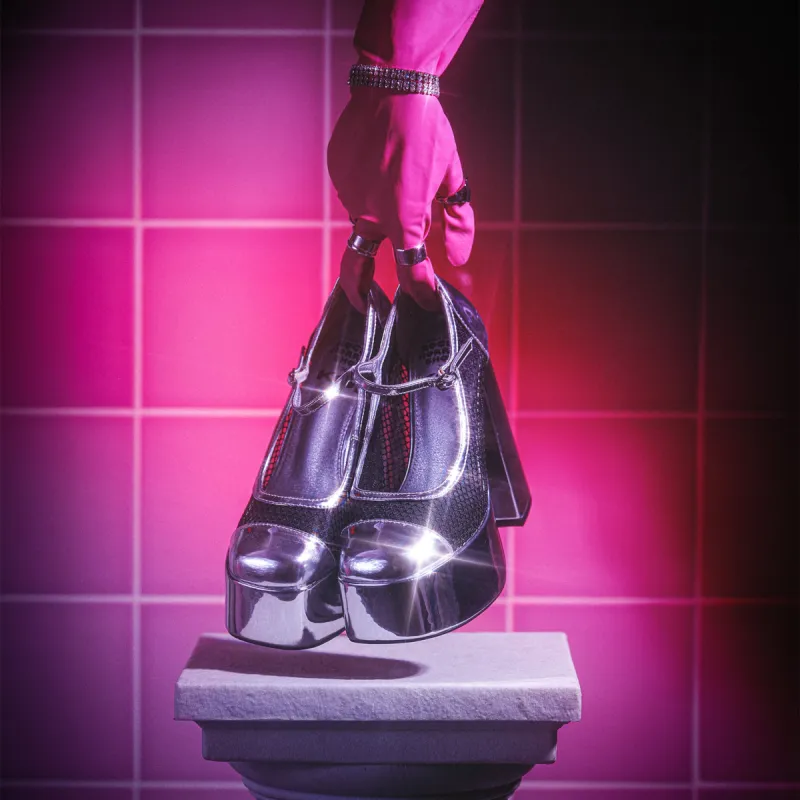 Regular Frankie Fan Fishnet Platform Heels - Silver sold by Koi Footwear