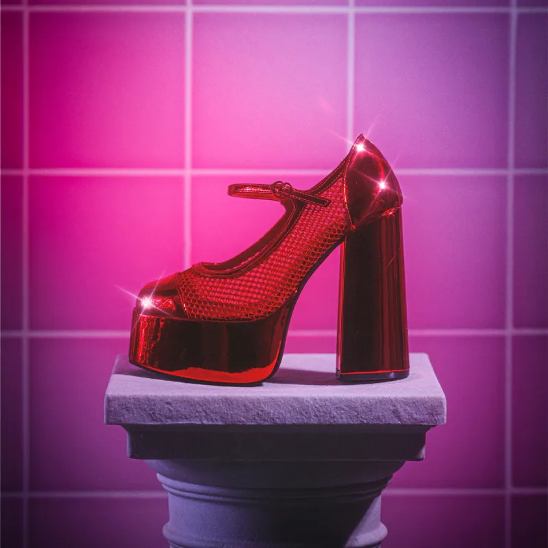 Regular Frankie Fan Fishnet Platform Heels - Red sold by Koi Footwear