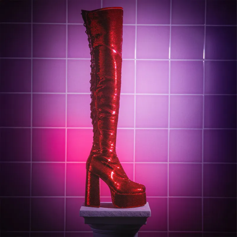 Creature of the Night Sequin Long Boots - Red sold by Koi Footwear