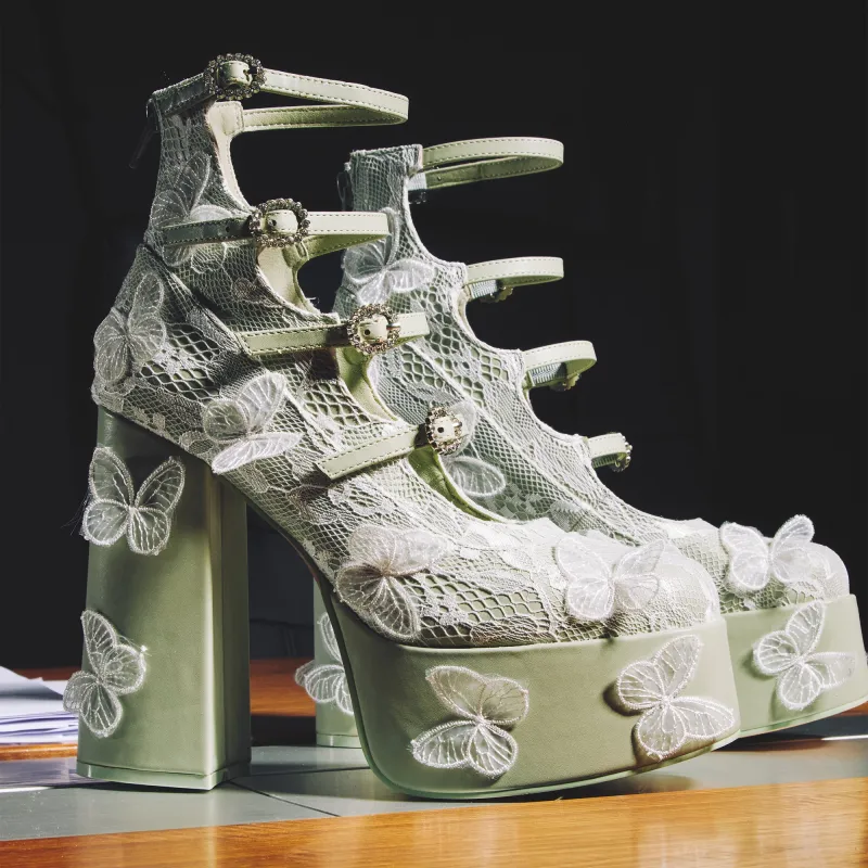Wild Lotus Butterfly Lace Platform Heels - Green made by Koi Footwear