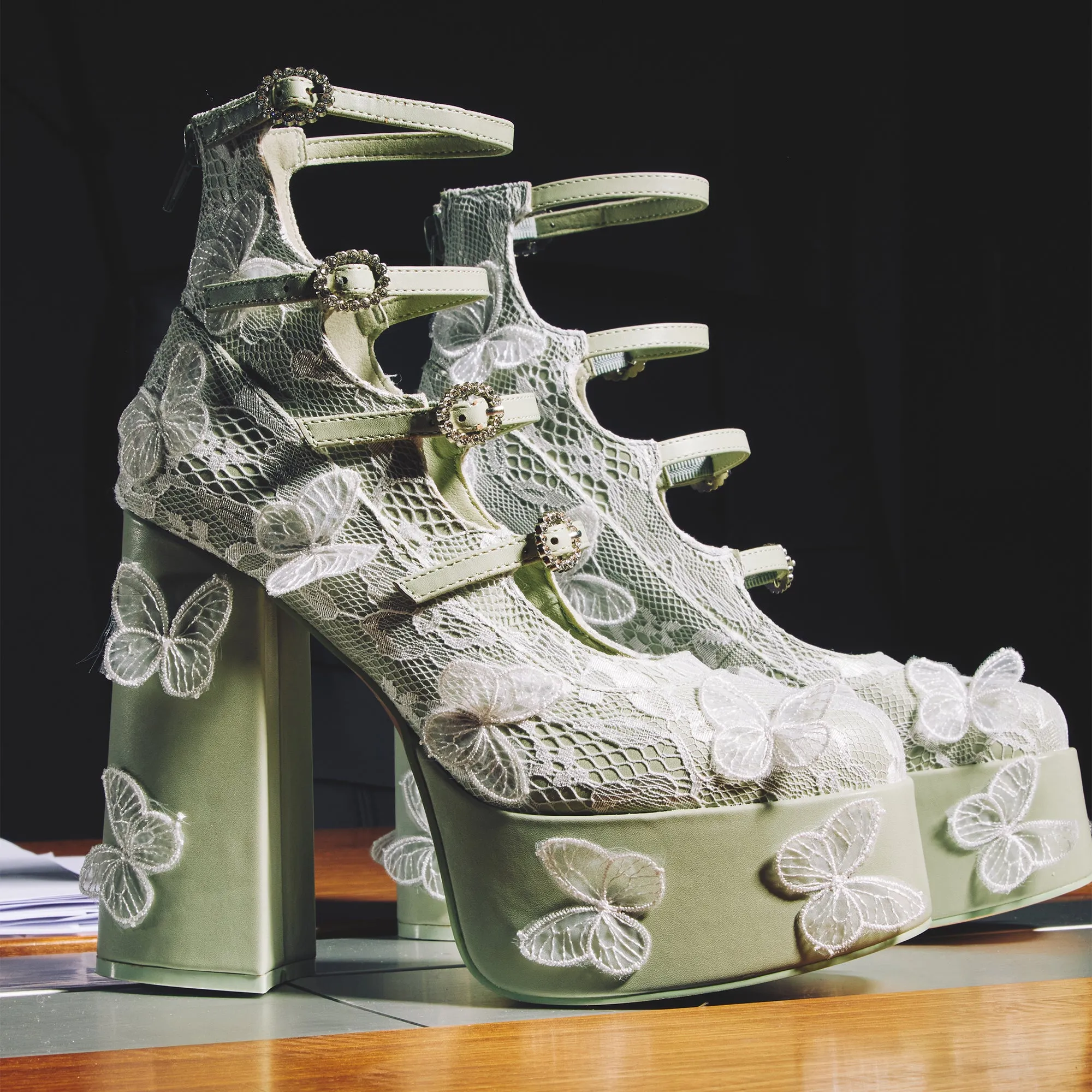 Wild Lotus Butterfly Lace Platform Heels - Green sold by Koi Footwear