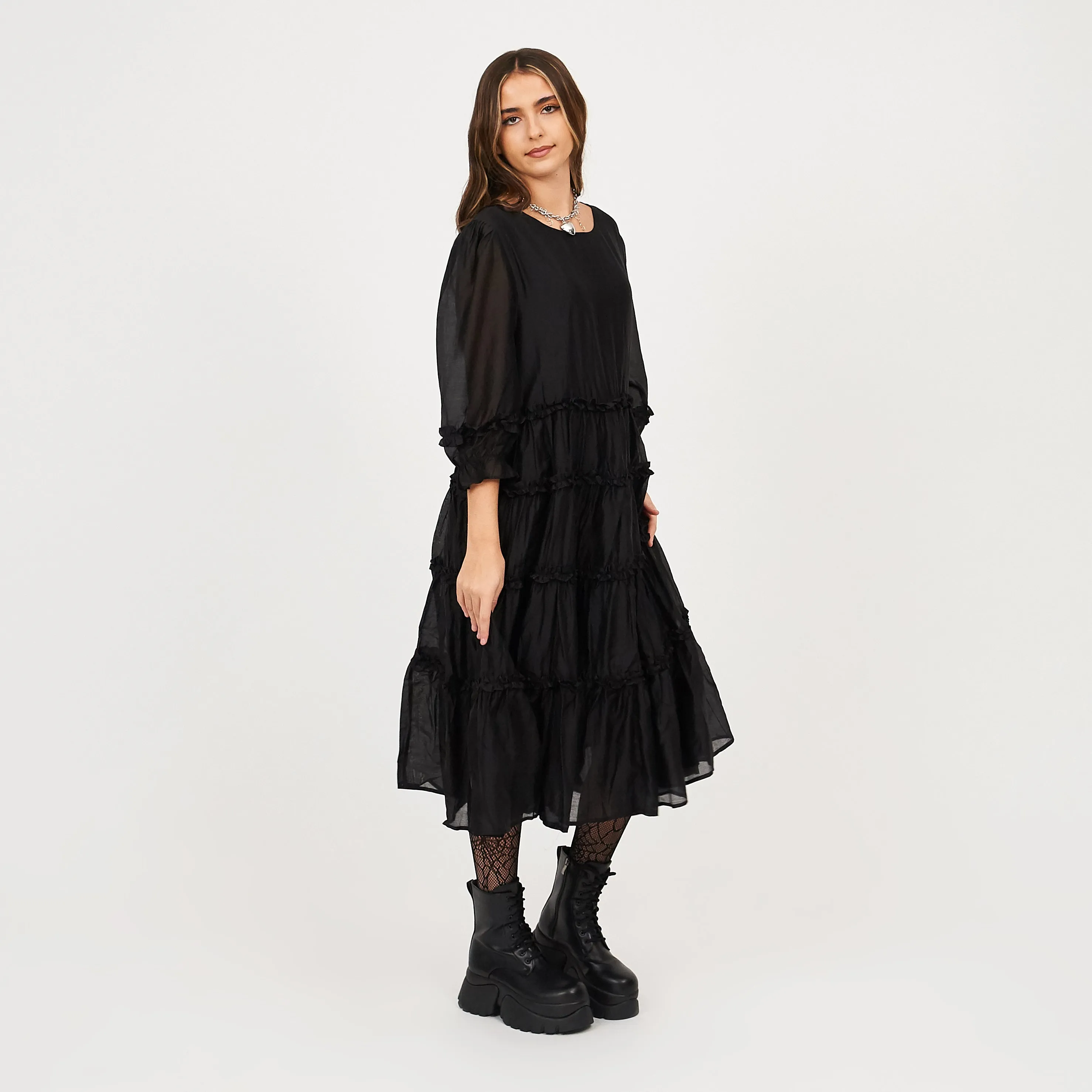 Bespoke Lissome Black Tiered Midi Dress- One Size sold by Koi Footwear