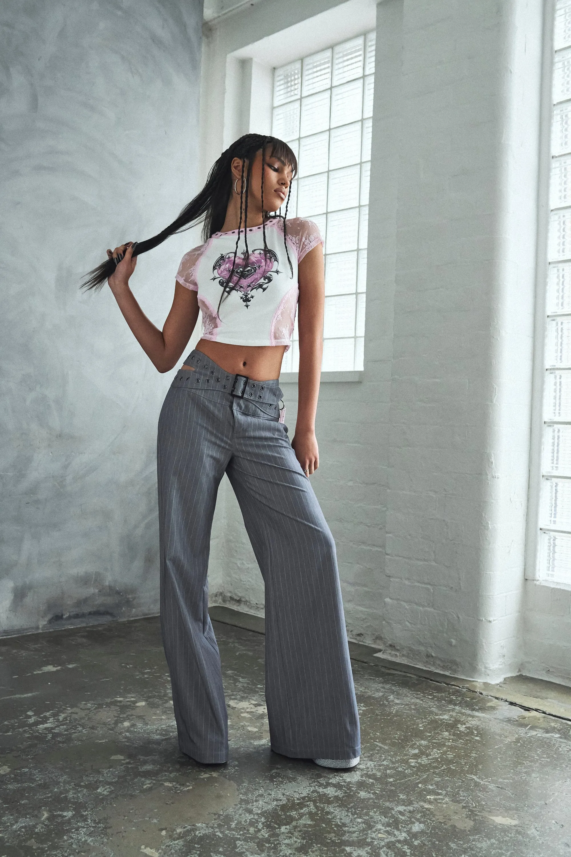 Gravity Pinstripe Baggy Pants - Charcoal Grey sold by Koi Footwear