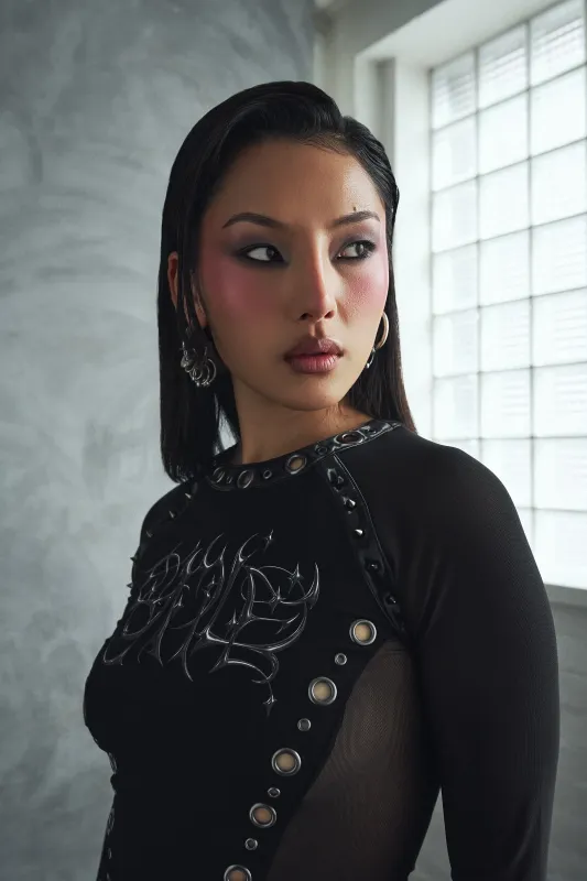 Crypt Studded Long-Sleeved Shirt - Black with Mesh made by Koi Footwear