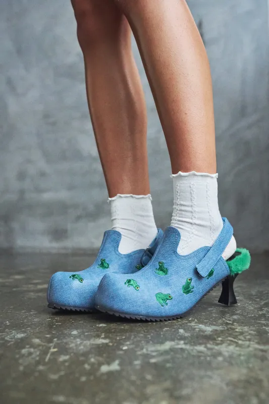 Ribbit Heeled Frog Mules- Denim made by Koi Footwear