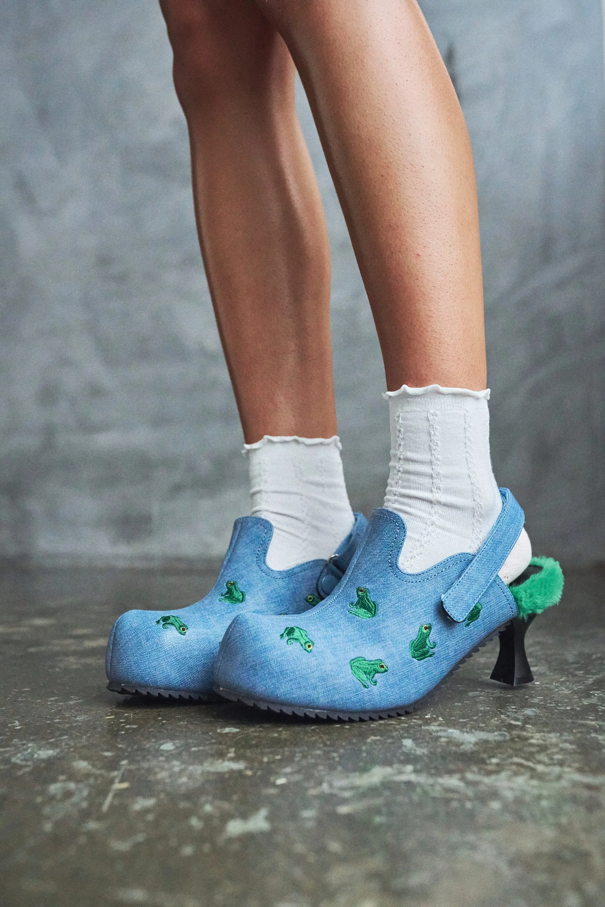 Ribbit Heeled Frog Mules- Denim sold by Koi Footwear