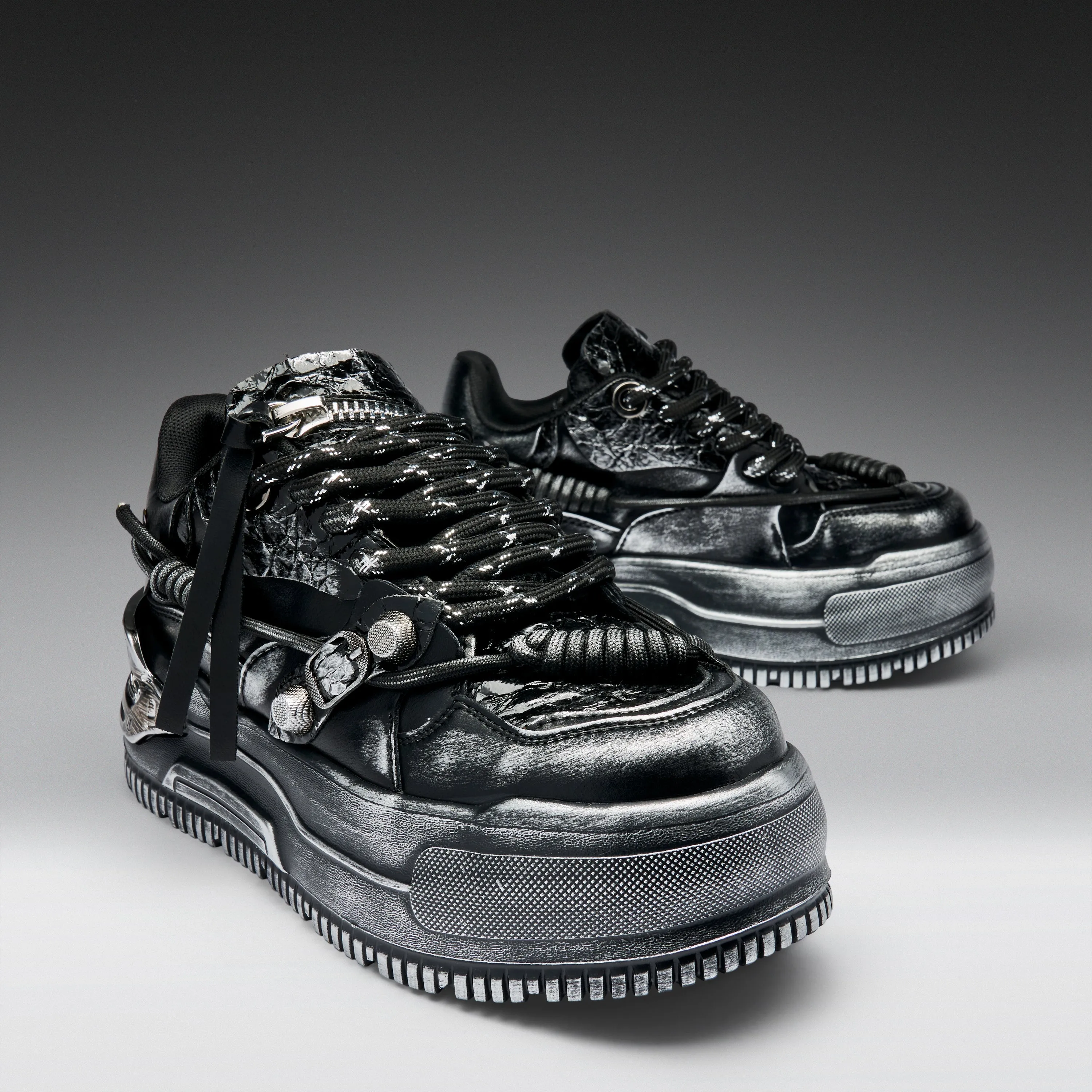 Metamorphosis Men's Distressed Platform Trainers - Black Fade sold by Koi Footwear