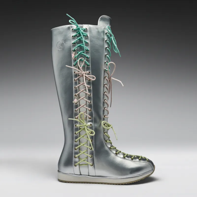 Numinous Lace Up Charm Long Boots -Silver made by Koi Footwear