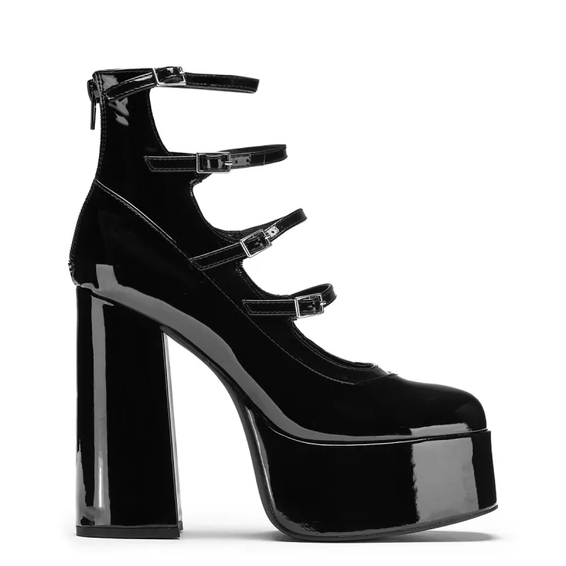 Gurren Strappy Black Patent Platform Heels sold by Koi Footwear