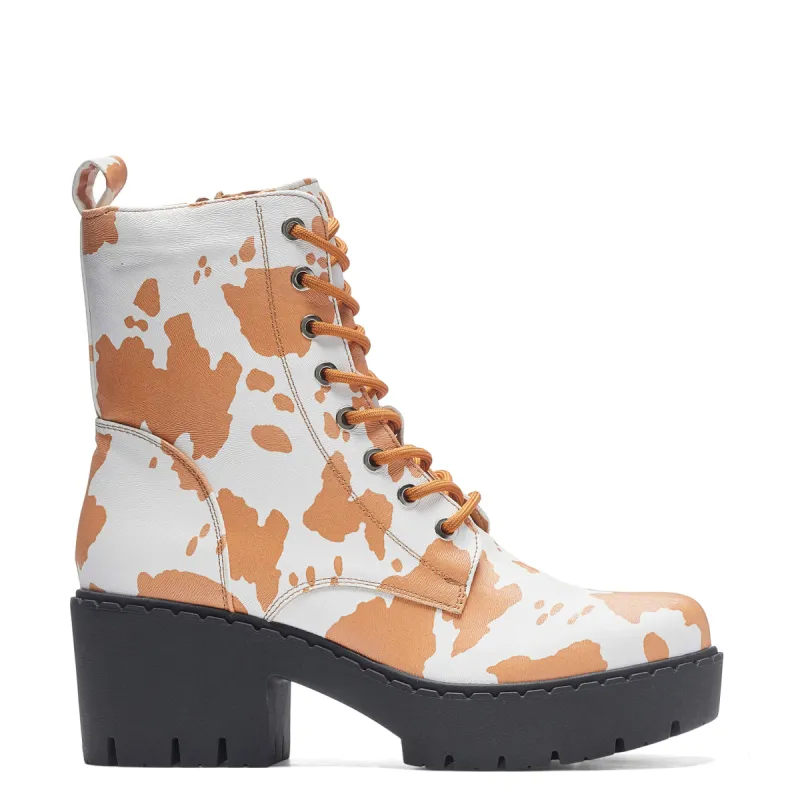 Clarabelle Brown Cow Print Switch Lace Up Boots sold by Koi Footwear