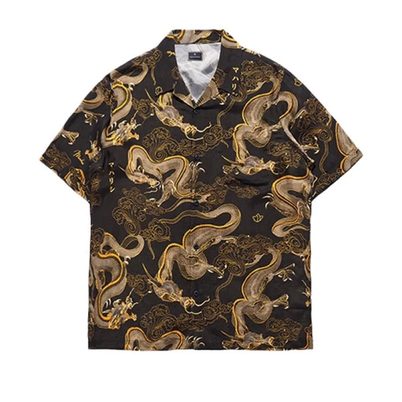Maharishi Cloud Dragon Camp Collar Shirt Golden Black sold by Kong